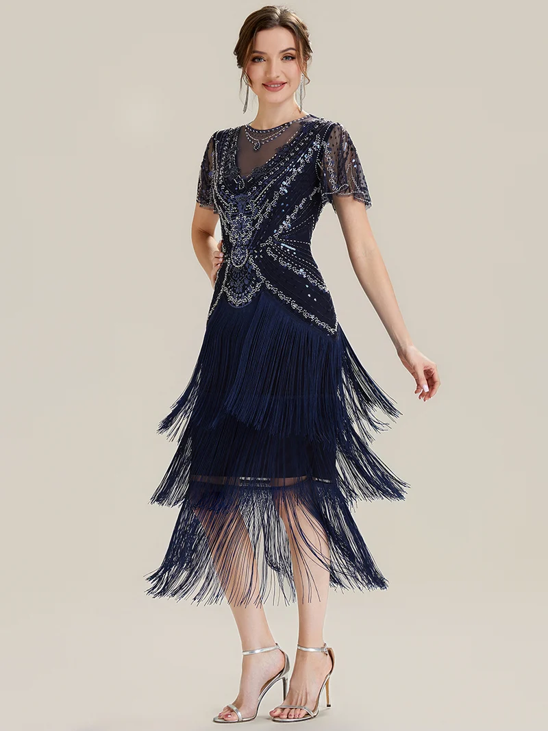 ever SOIREE|Robe midi à manches courtes avec volants et col rond ornée de patchwork en perles