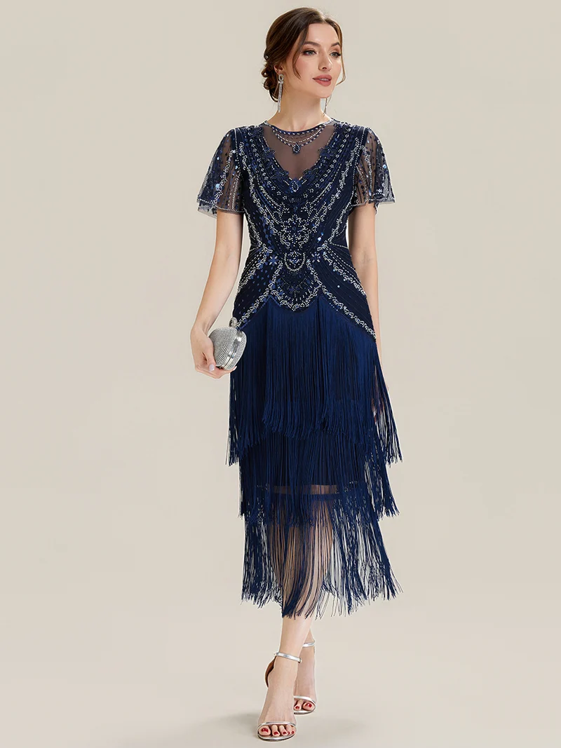ever SOIREE|Robe midi à manches courtes avec volants et col rond ornée de patchwork en perles