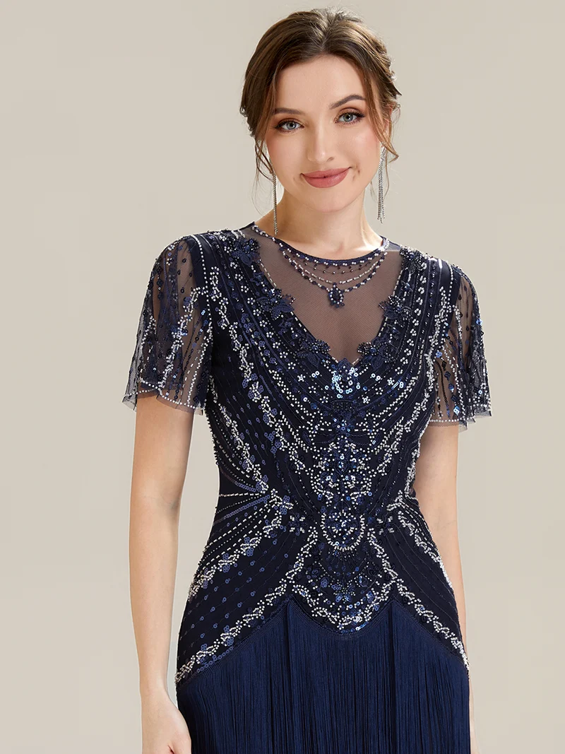 ever SOIREE|Robe midi à manches courtes avec volants et col rond ornée de patchwork en perles