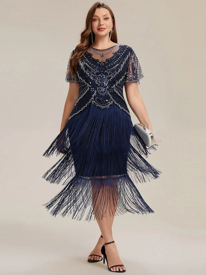 ever SOIREE|Robe midi à manches courtes avec volants et col rond ornée de patchwork en perles