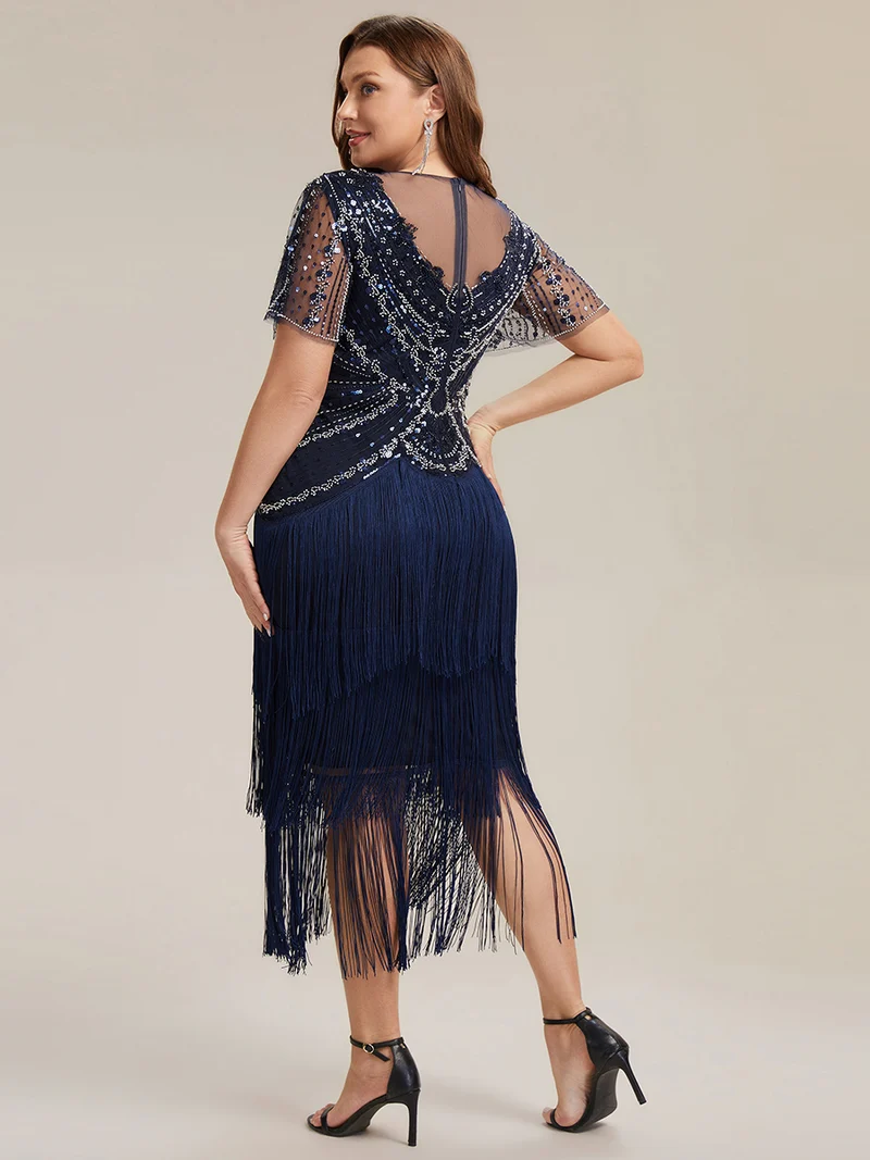 ever SOIREE|Robe midi à manches courtes avec volants et col rond ornée de patchwork en perles