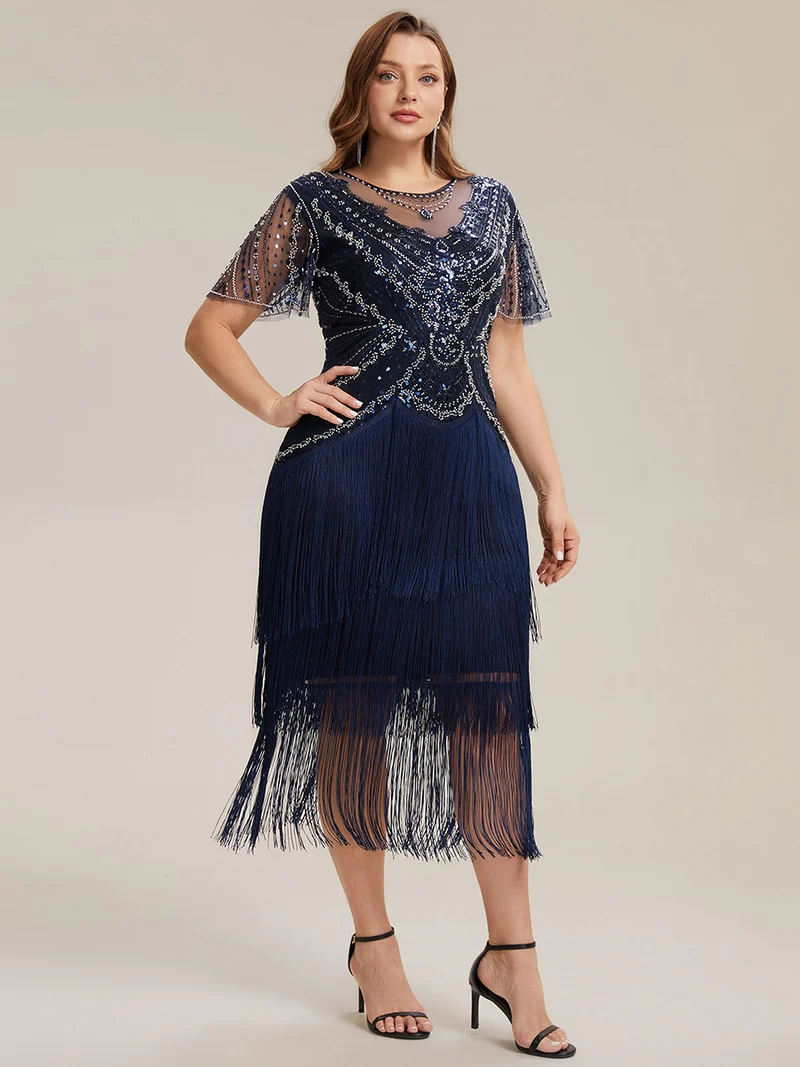 ever SOIREE|Robe midi à manches courtes avec volants et col rond ornée de patchwork en perles