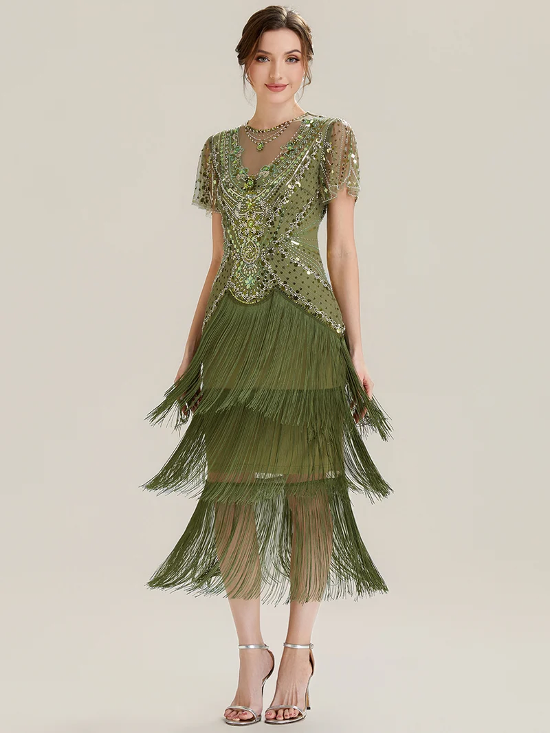ever SOIREE|Robe midi à manches courtes avec volants et col rond ornée de patchwork en perles