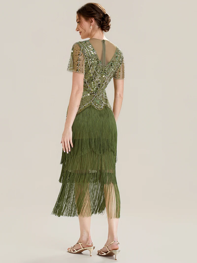 ever SOIREE|Robe midi à manches courtes avec volants et col rond ornée de patchwork en perles