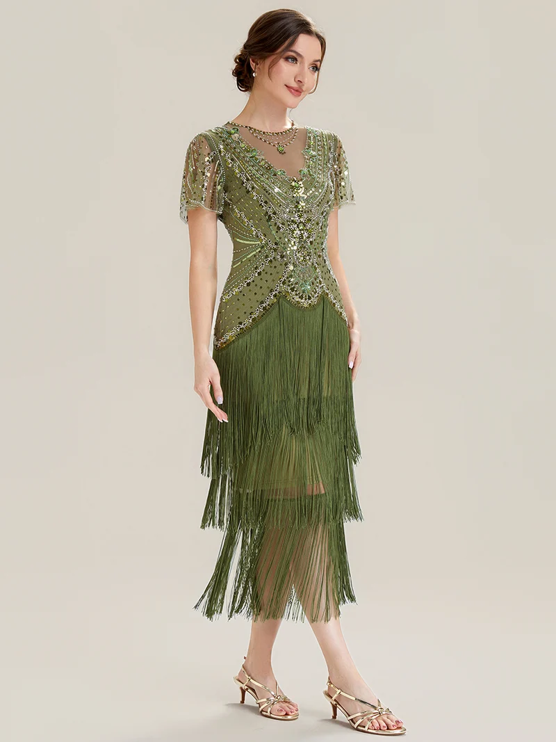 ever SOIREE|Robe midi à manches courtes avec volants et col rond ornée de patchwork en perles