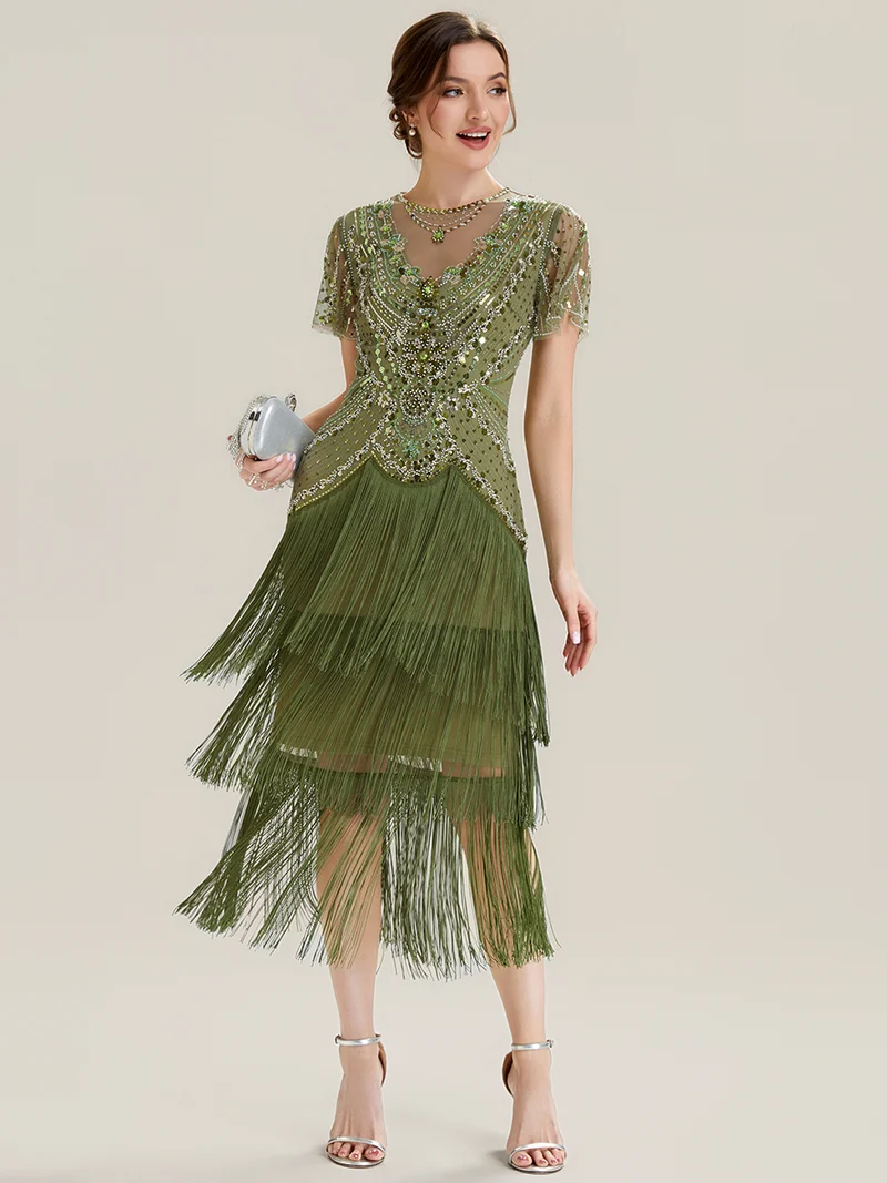 ever SOIREE|Robe midi à manches courtes avec volants et col rond ornée de patchwork en perles