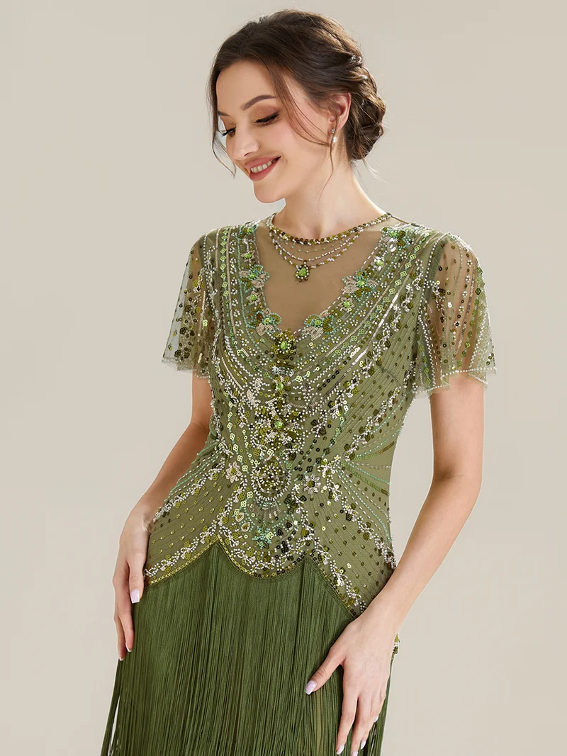 ever SOIREE|Robe midi à manches courtes avec volants et col rond ornée de patchwork en perles