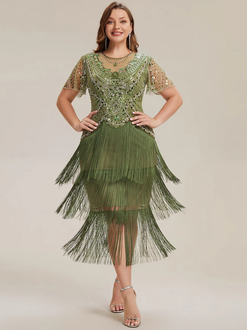 ever SOIREE|Robe midi à manches courtes avec volants et col rond ornée de patchwork en perles