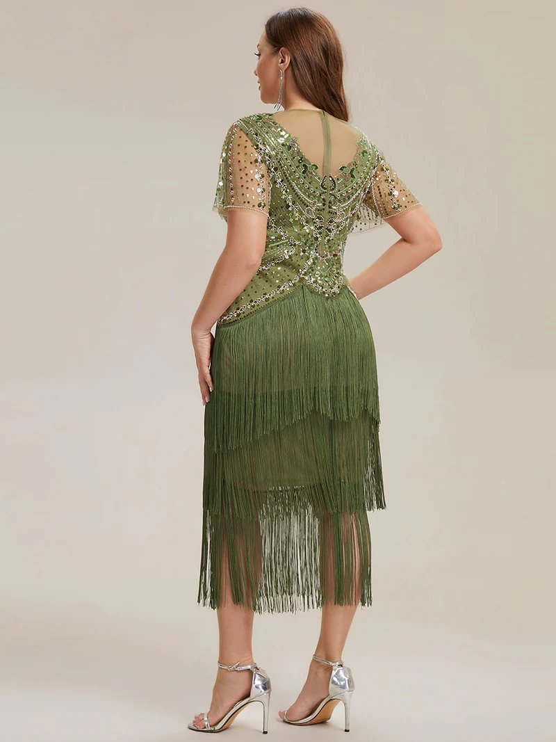 ever SOIREE|Robe midi à manches courtes avec volants et col rond ornée de patchwork en perles
