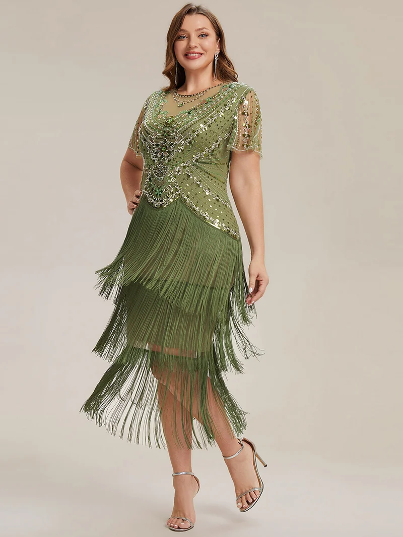 ever SOIREE|Robe midi à manches courtes avec volants et col rond ornée de patchwork en perles