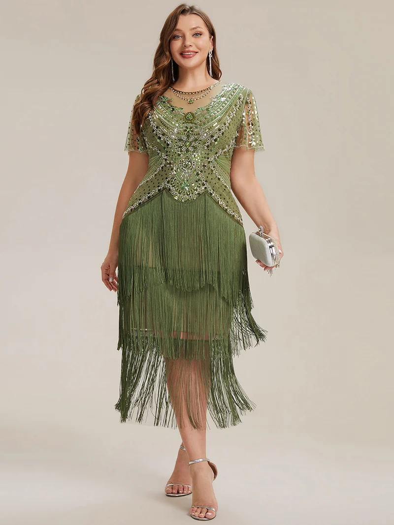 ever SOIREE|Robe midi à manches courtes avec volants et col rond ornée de patchwork en perles