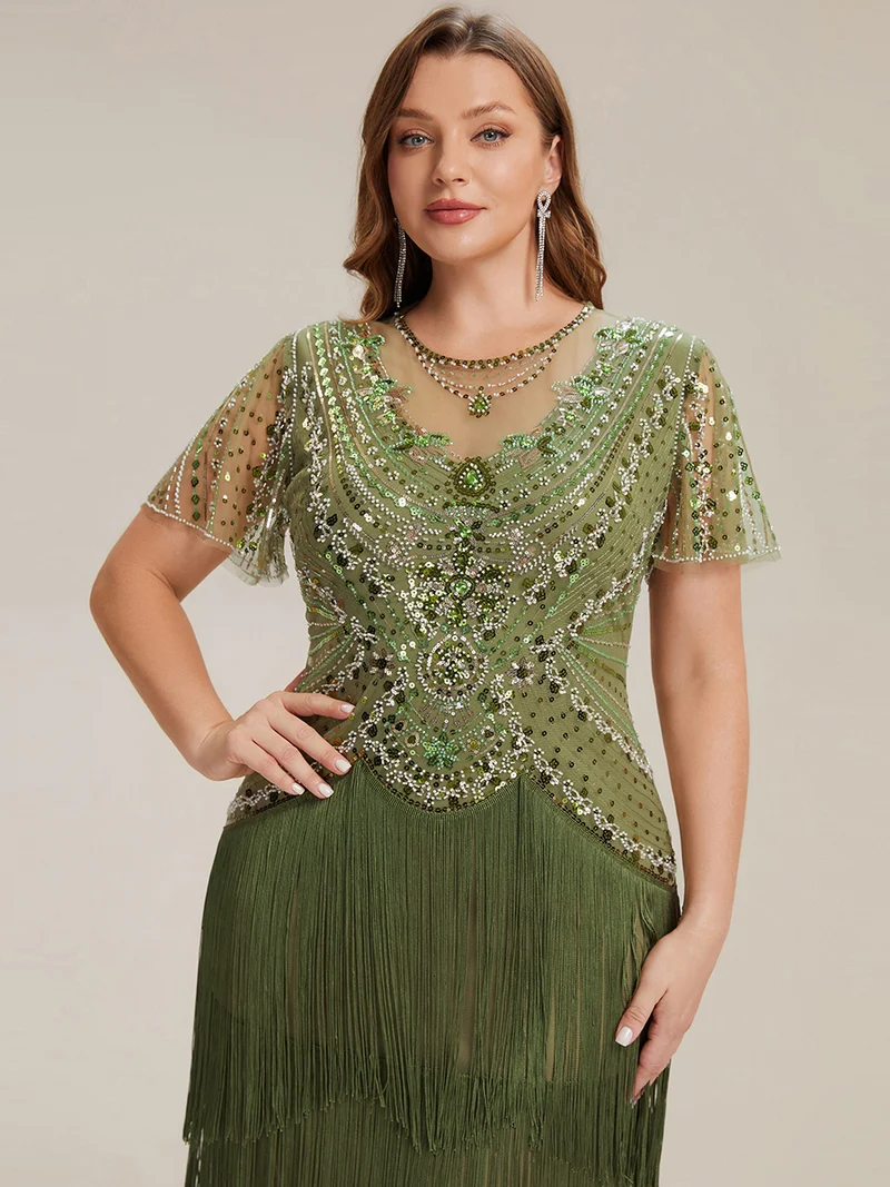 ever SOIREE|Robe midi à manches courtes avec volants et col rond ornée de patchwork en perles