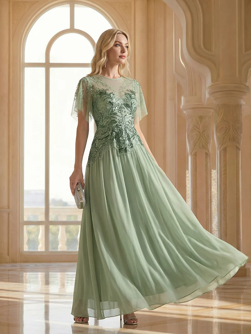 ever LUSTRE|robe longue évasée à manches courtes avec volants sequins et broderies