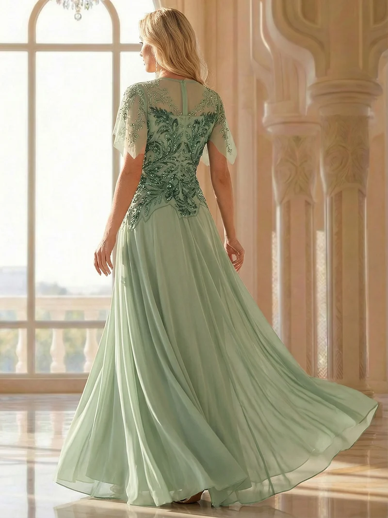 ever LUSTRE|robe longue évasée à manches courtes avec volants sequins et broderies