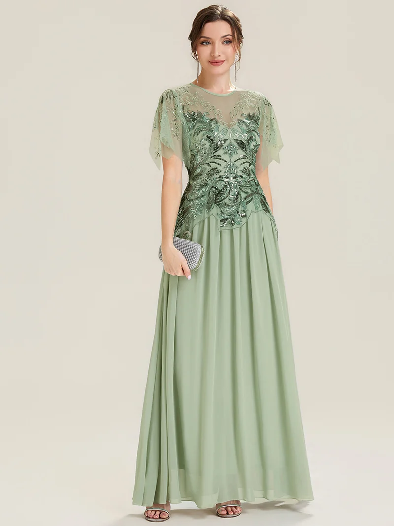 ever LUSTRE|robe longue évasée à manches courtes avec volants sequins et broderies
