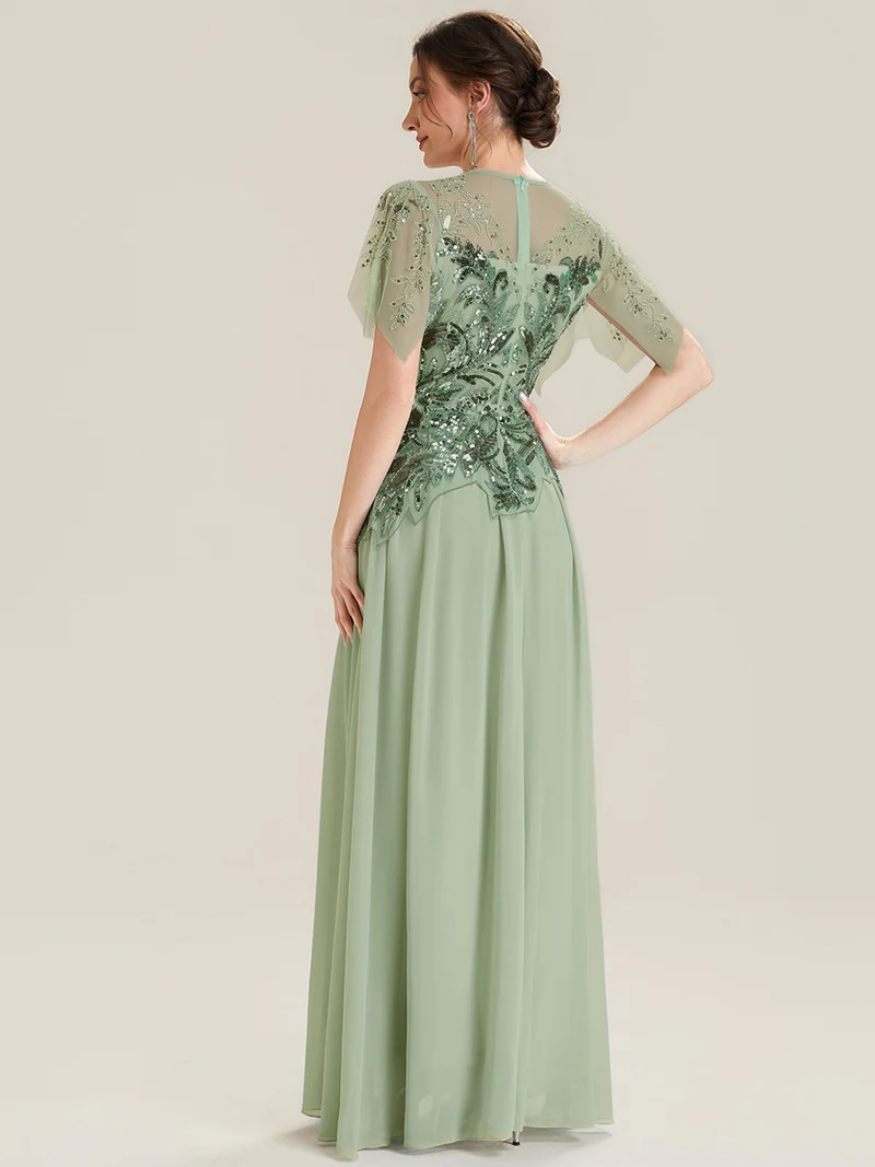 ever LUSTRE|robe longue évasée à manches courtes avec volants sequins et broderies