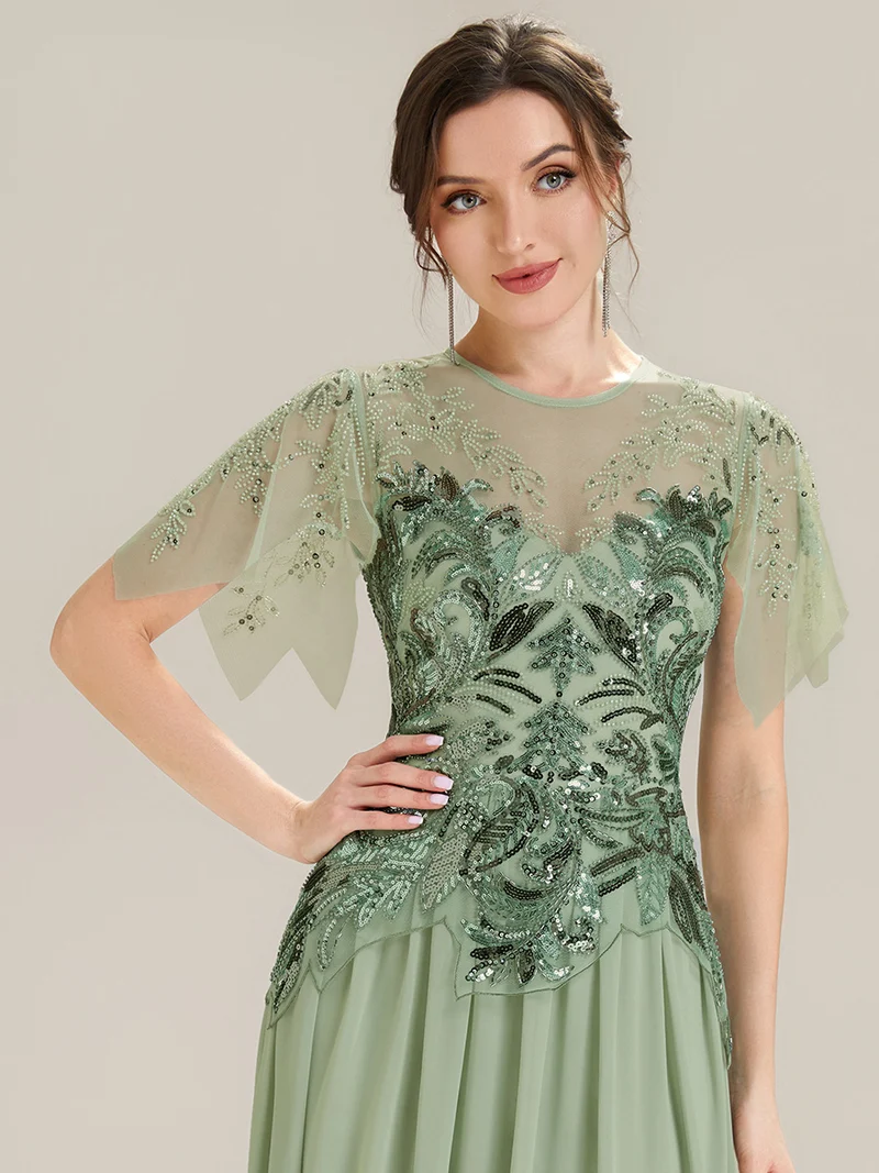 ever LUSTRE|robe longue évasée à manches courtes avec volants sequins et broderies