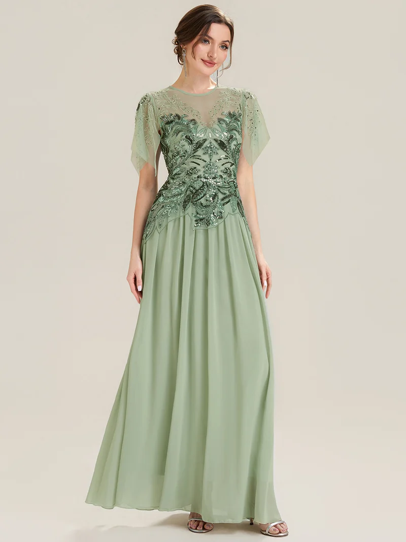 ever LUSTRE|robe longue évasée à manches courtes avec volants sequins et broderies