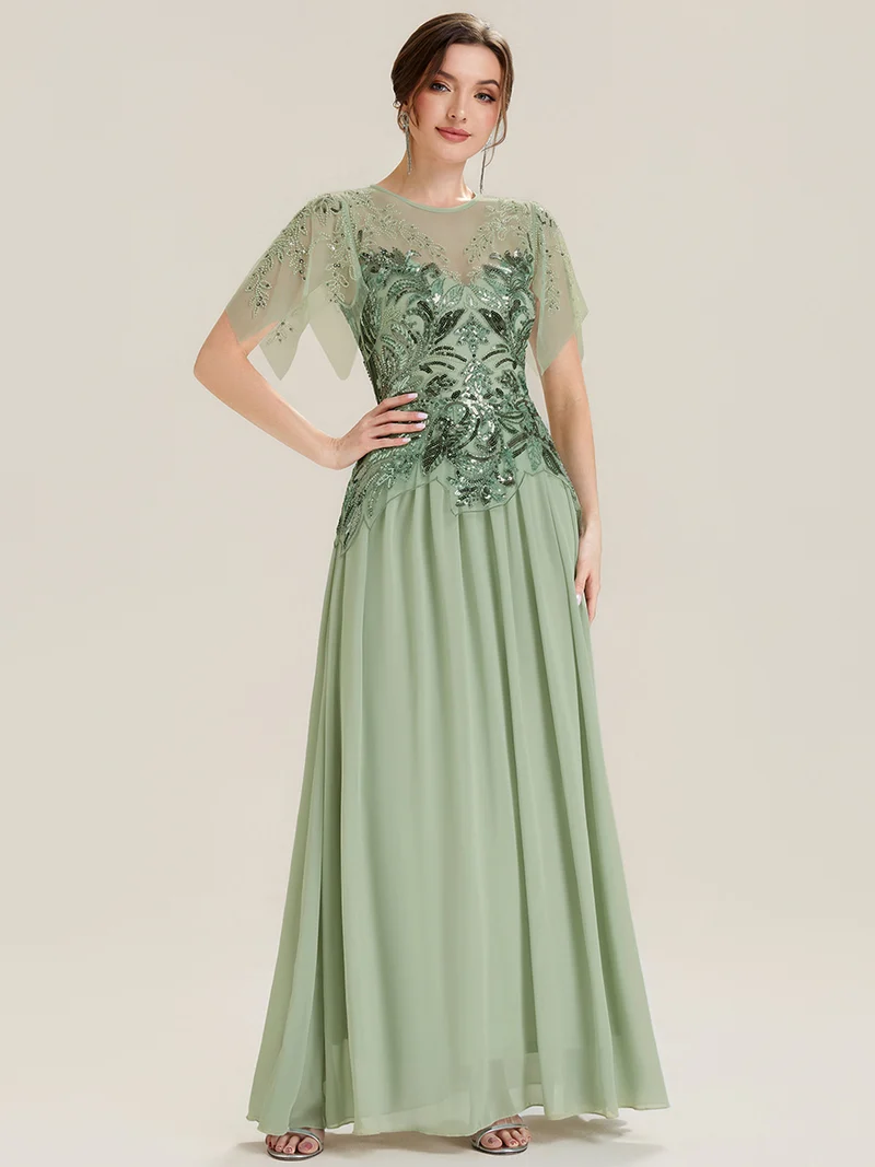 ever LUSTRE|robe longue évasée à manches courtes avec volants sequins et broderies