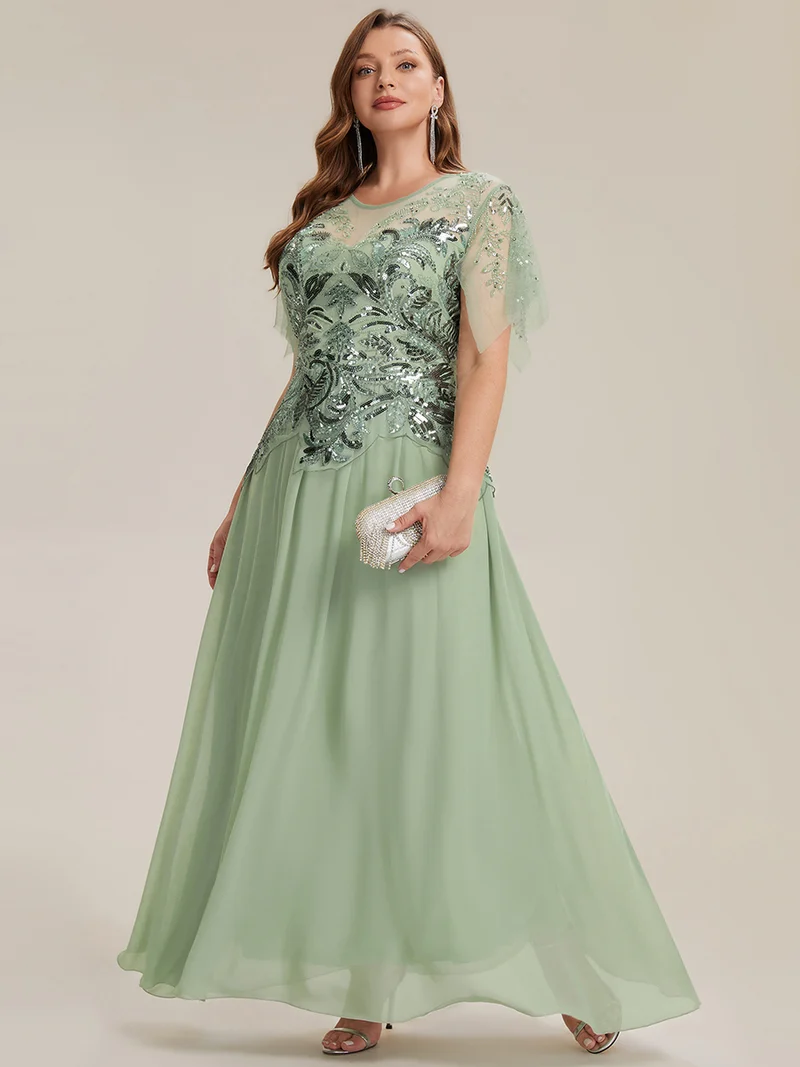ever LUSTRE|robe longue évasée à manches courtes avec volants sequins et broderies