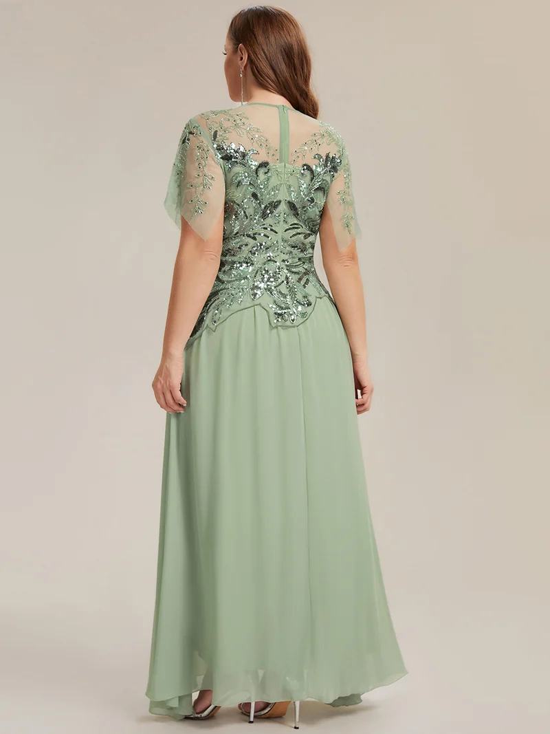 ever LUSTRE|robe longue évasée à manches courtes avec volants sequins et broderies