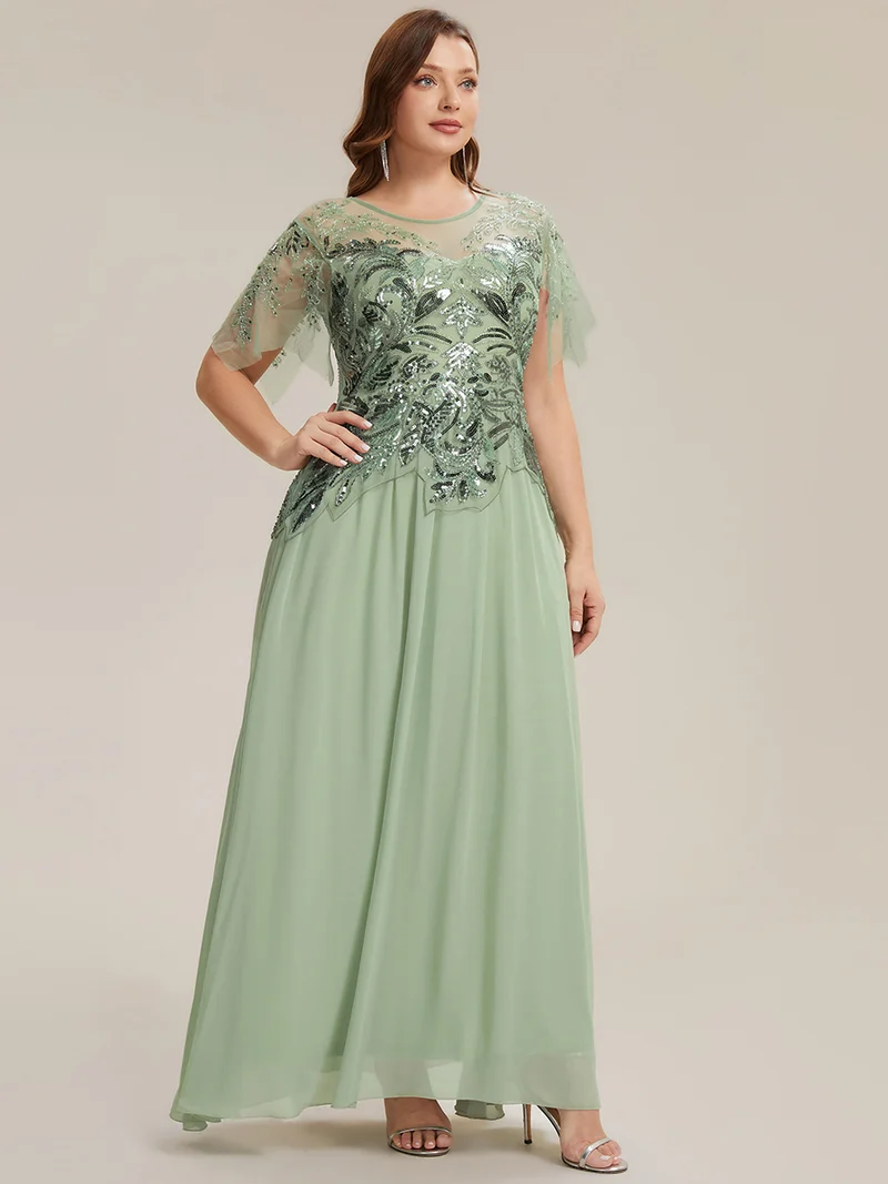 ever LUSTRE|robe longue évasée à manches courtes avec volants sequins et broderies