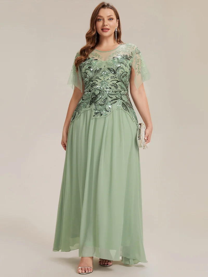 ever LUSTRE|robe longue évasée à manches courtes avec volants sequins et broderies
