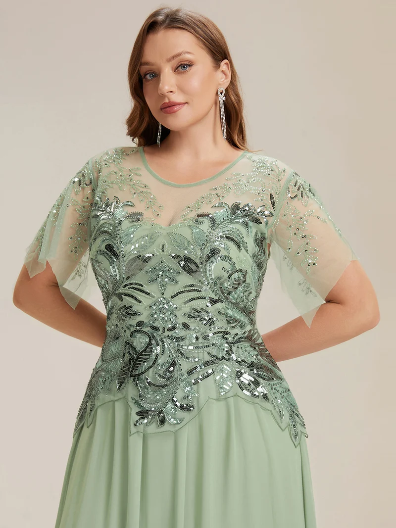 ever LUSTRE|robe longue évasée à manches courtes avec volants sequins et broderies