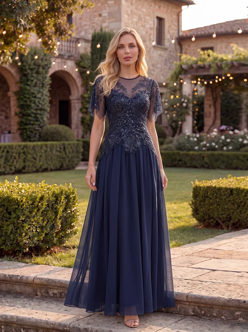 ever LUSTRE|robe longue évasée à manches courtes avec volants sequins et broderies