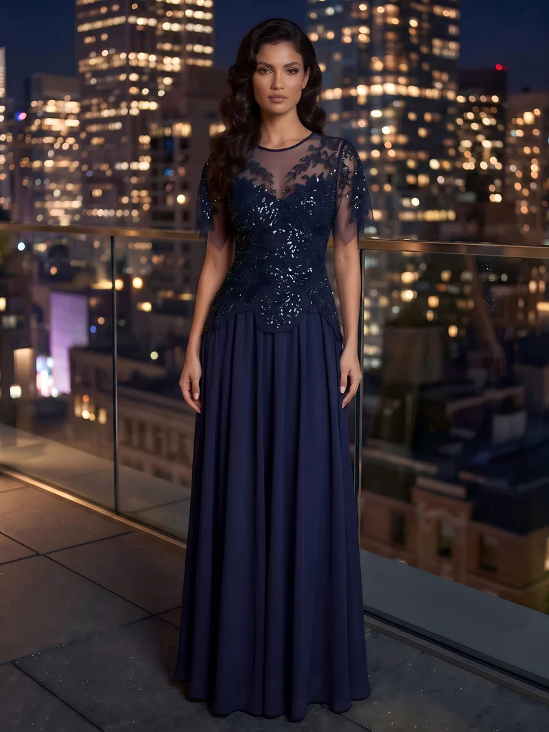 ever LUSTRE|robe longue évasée à manches courtes avec volants sequins et broderies