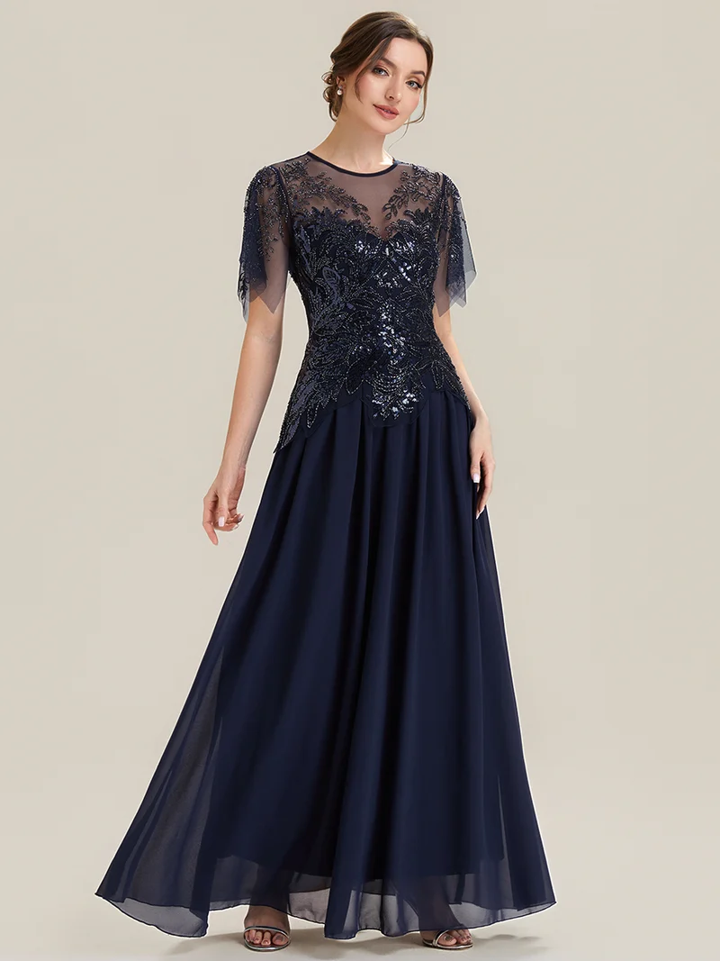 ever LUSTRE|robe longue évasée à manches courtes avec volants sequins et broderies