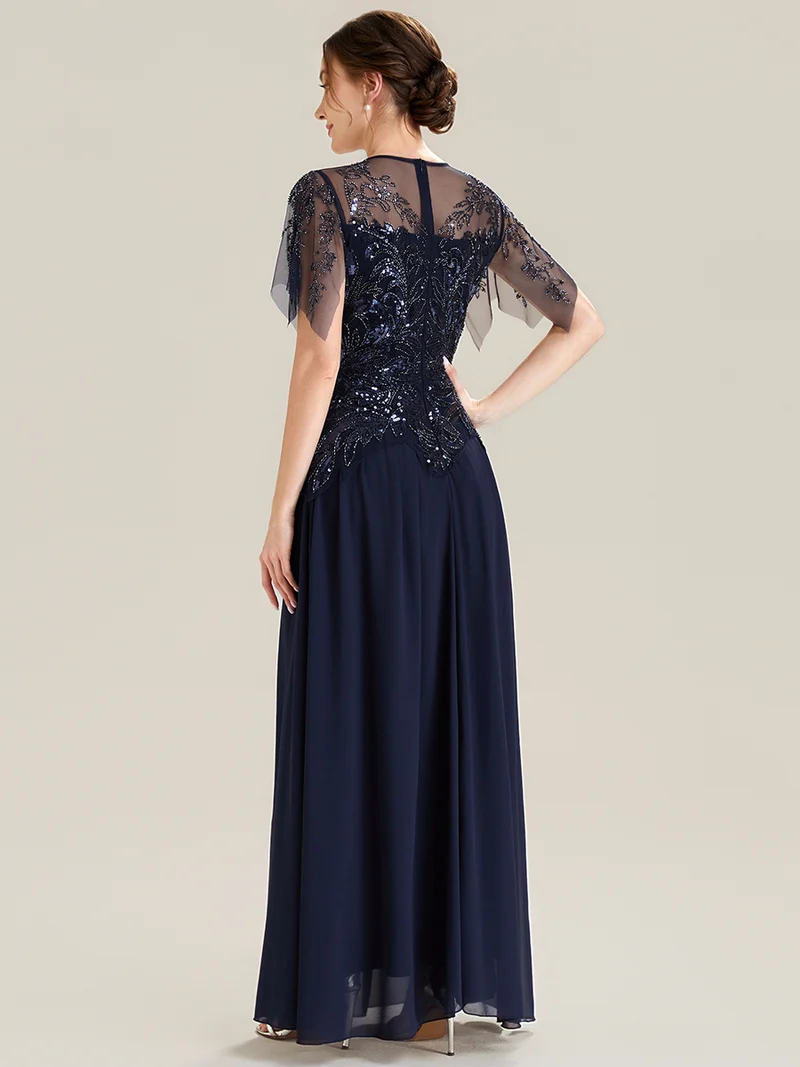 ever LUSTRE|robe longue évasée à manches courtes avec volants sequins et broderies