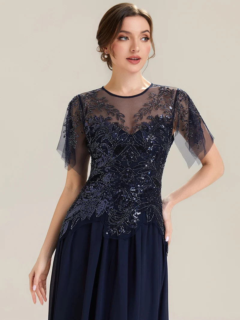 ever LUSTRE|robe longue évasée à manches courtes avec volants sequins et broderies