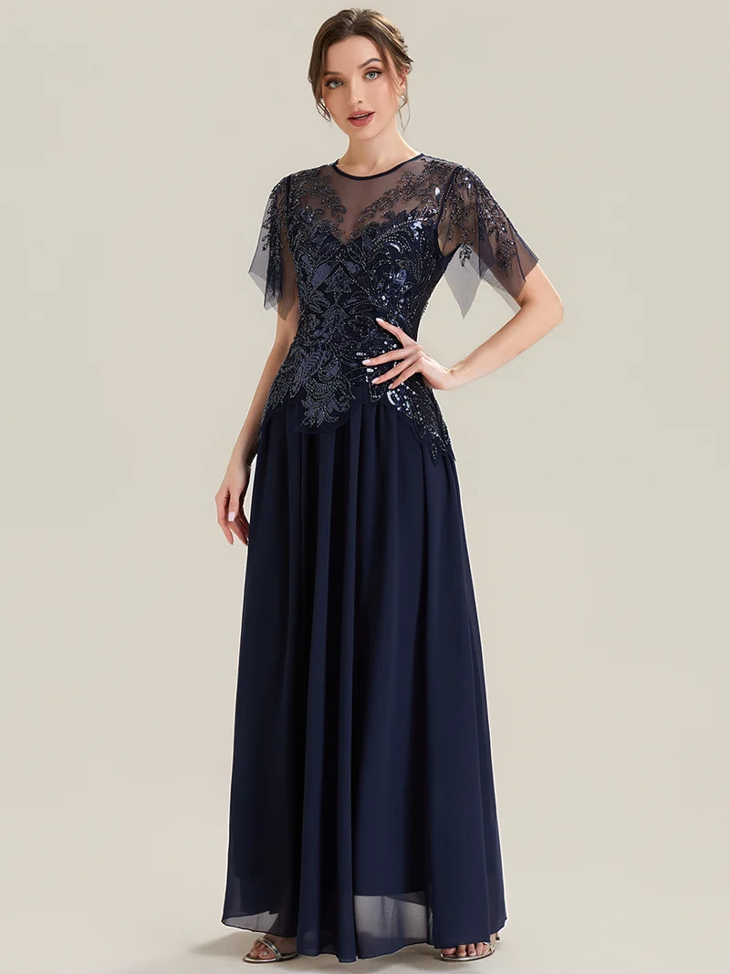 ever LUSTRE|robe longue évasée à manches courtes avec volants sequins et broderies