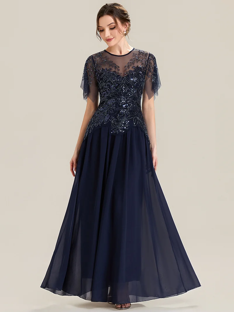 ever LUSTRE|robe longue évasée à manches courtes avec volants sequins et broderies