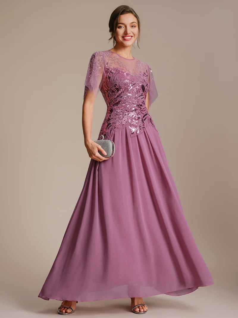 ever LUSTRE|robe longue évasée à manches courtes avec volants sequins et broderies