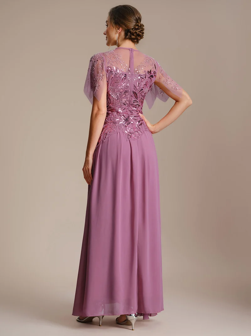 ever LUSTRE|robe longue évasée à manches courtes avec volants sequins et broderies