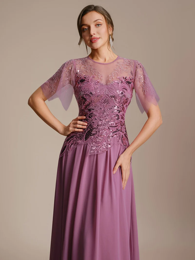 ever LUSTRE|robe longue évasée à manches courtes avec volants sequins et broderies