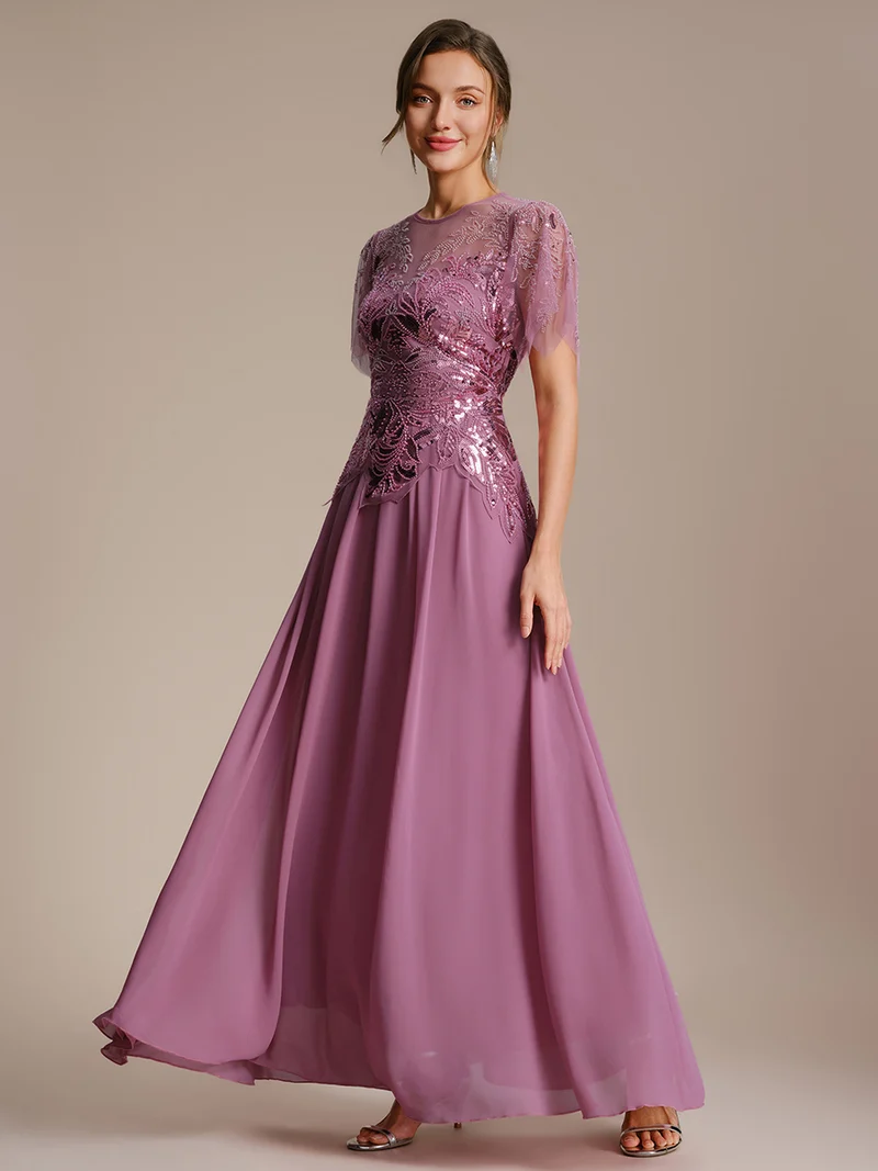 ever LUSTRE|robe longue évasée à manches courtes avec volants sequins et broderies