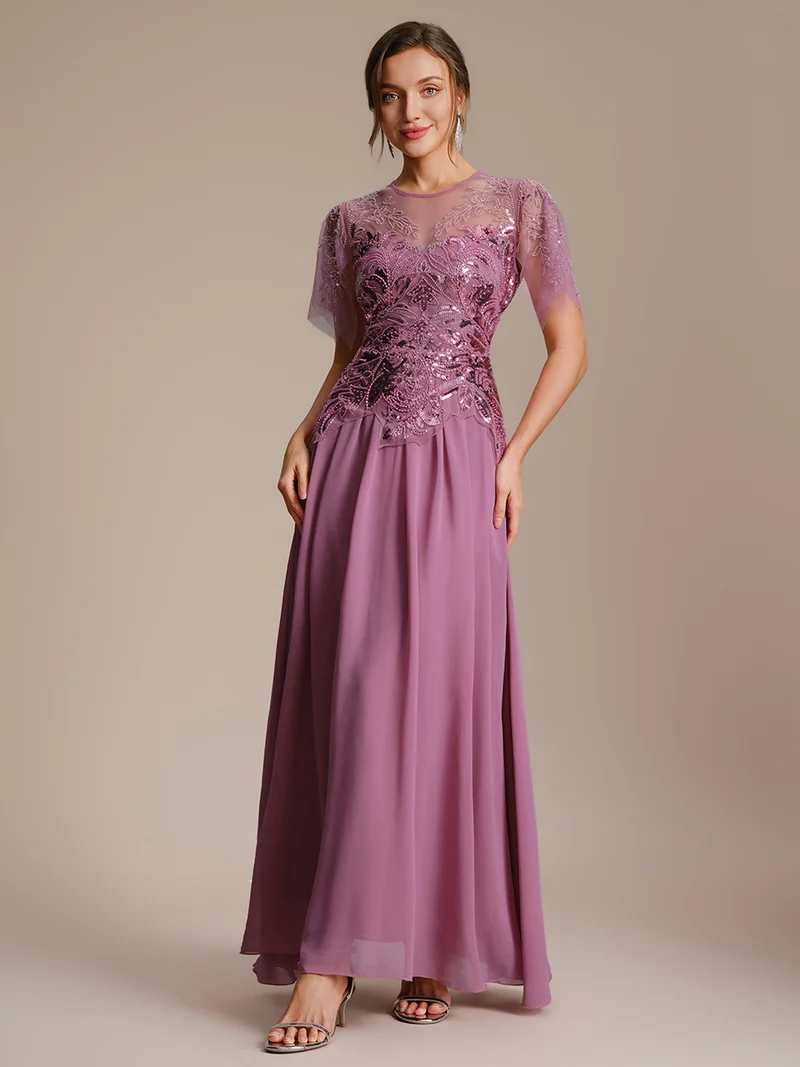 ever LUSTRE|robe longue évasée à manches courtes avec volants sequins et broderies