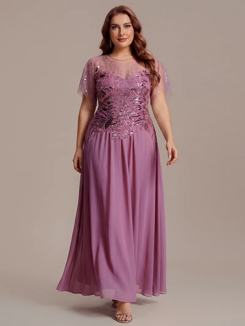 ever LUSTRE|robe longue évasée à manches courtes avec volants sequins et broderies