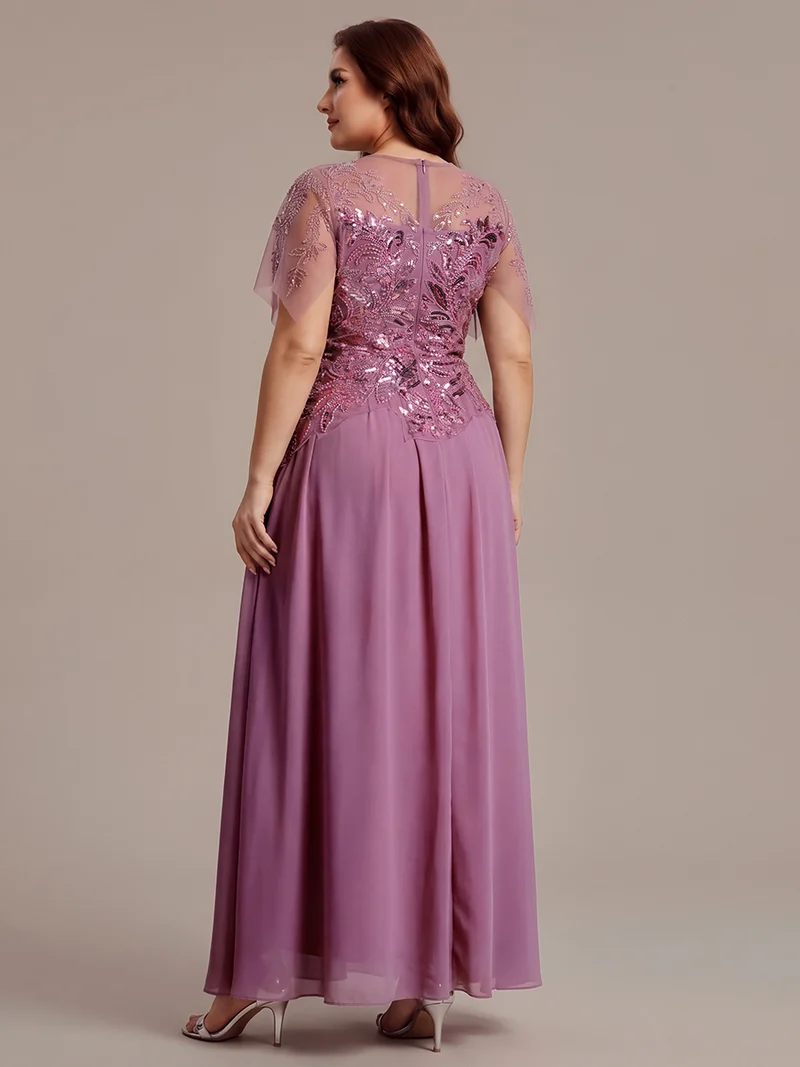 ever LUSTRE|robe longue évasée à manches courtes avec volants sequins et broderies
