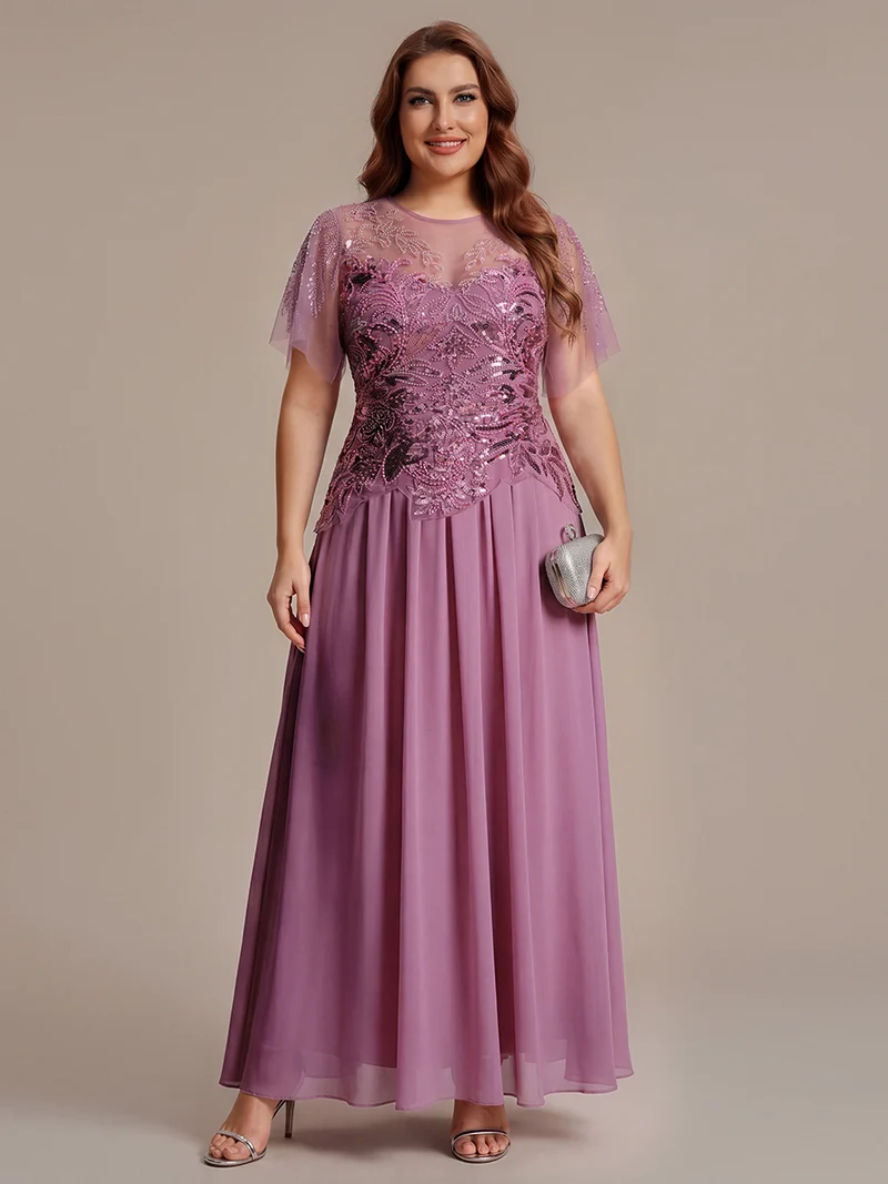 ever LUSTRE|robe longue évasée à manches courtes avec volants sequins et broderies