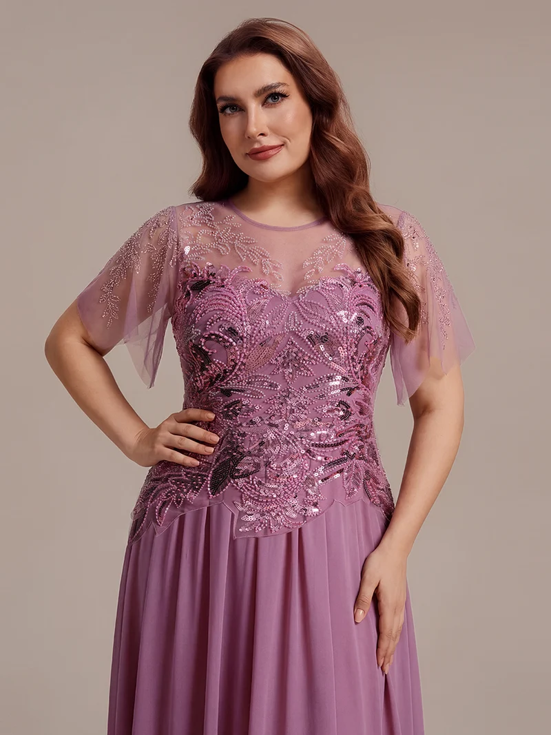 ever LUSTRE|robe longue évasée à manches courtes avec volants sequins et broderies