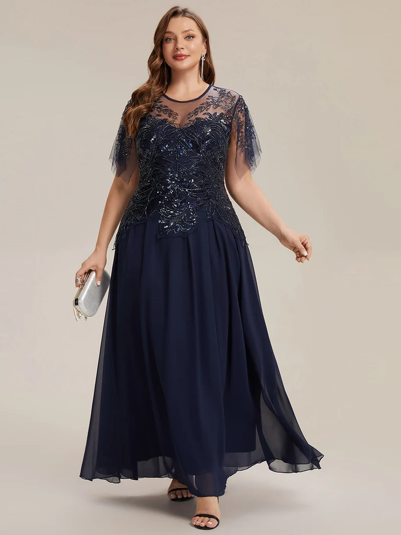 ever LUSTRE|robe longue évasée à manches courtes avec volants sequins et broderies