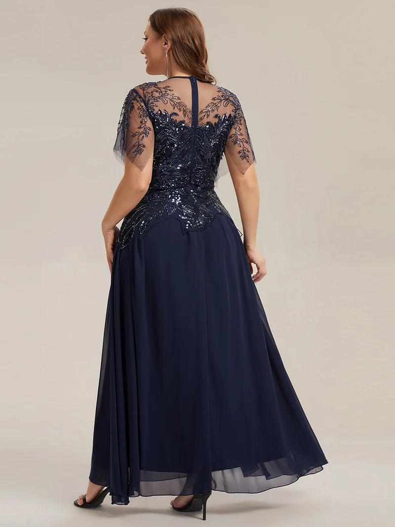 ever LUSTRE|robe longue évasée à manches courtes avec volants sequins et broderies