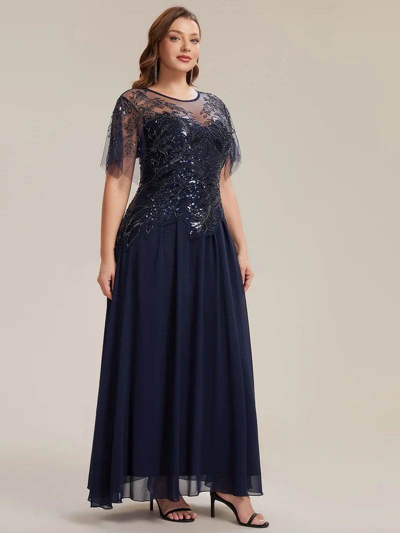 ever LUSTRE|robe longue évasée à manches courtes avec volants sequins et broderies