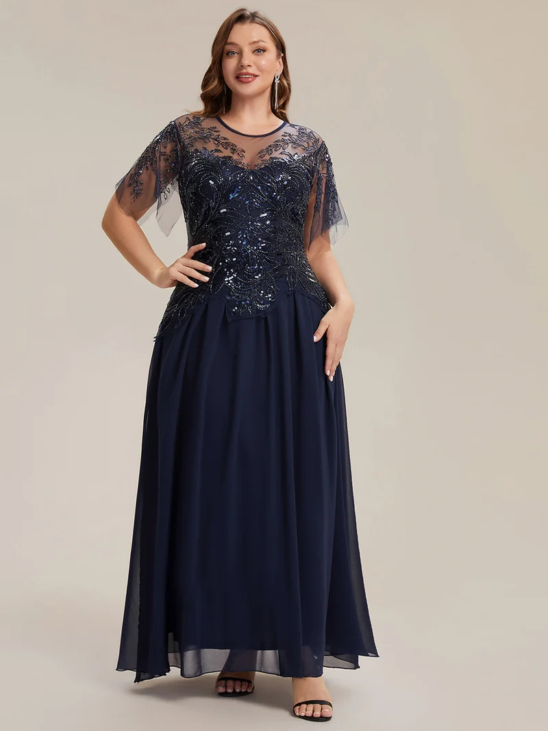 ever LUSTRE|robe longue évasée à manches courtes avec volants sequins et broderies