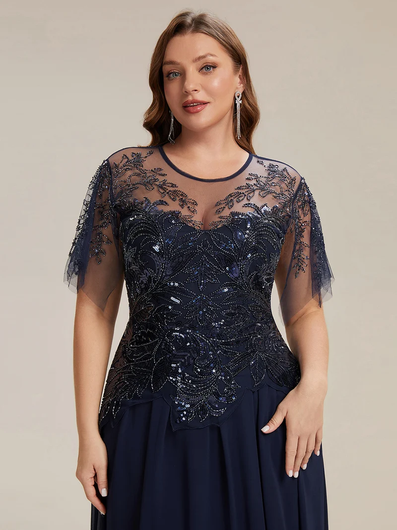 ever LUSTRE|robe longue évasée à manches courtes avec volants sequins et broderies
