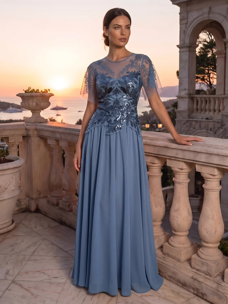 ever LUSTRE|robe longue évasée à manches courtes avec volants sequins et broderies